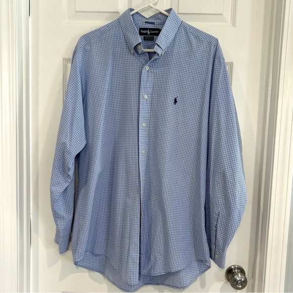 Ralph Lauren Polo Men's Blue Checkered Plaid Button Up Dress Shirt 16.5  34/35 - Picture 1 of 11